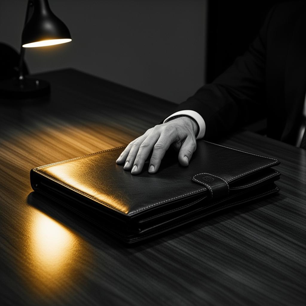 An executive hand resting on a leather portfolio in warm lamplight