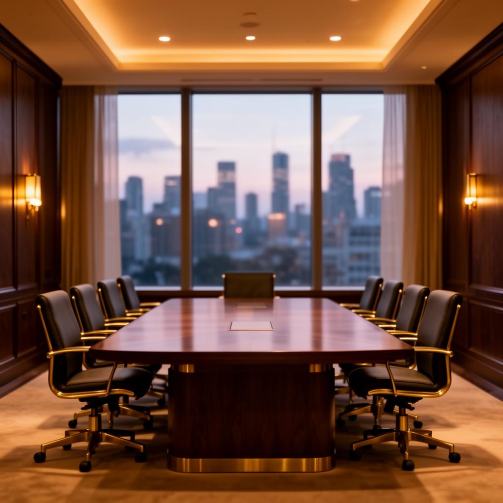 Executive boardroom overlooking a city skyline at dusk