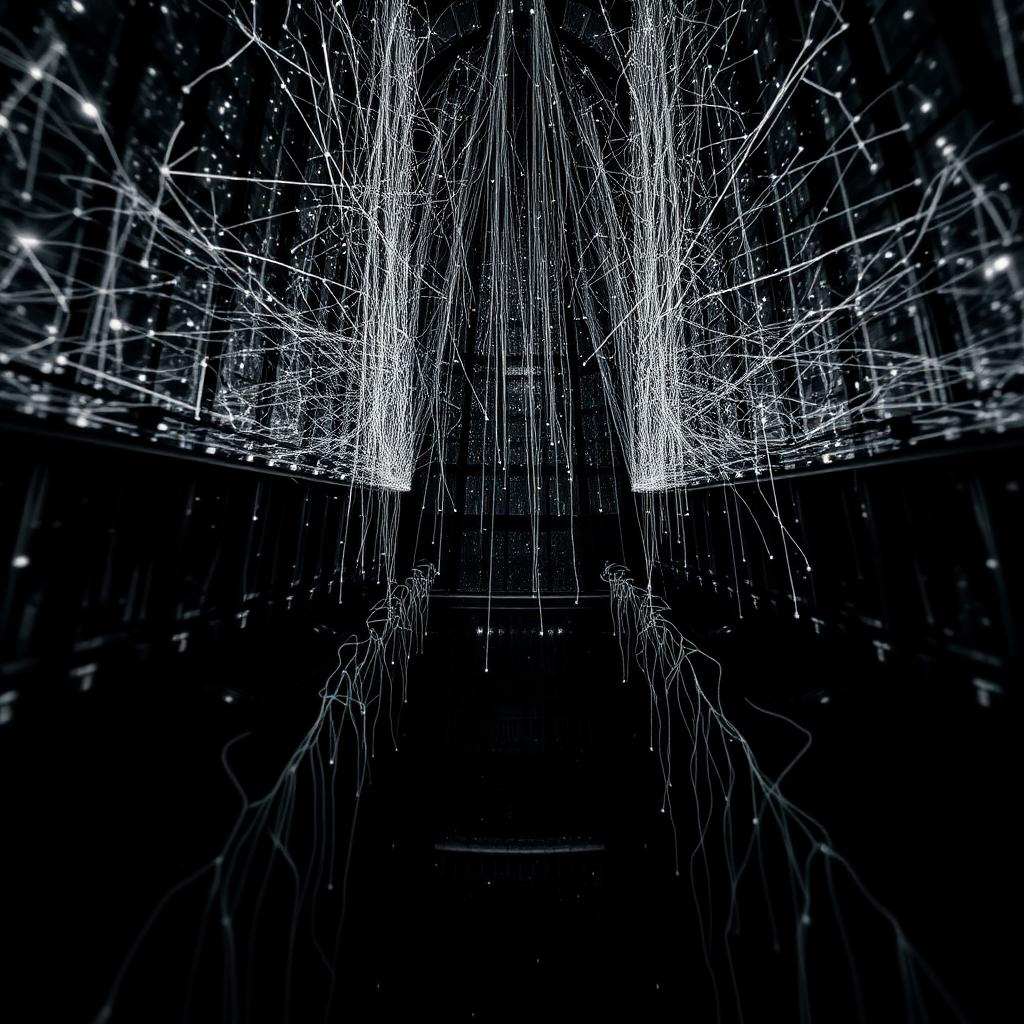 Abstract neural network of light filaments in a dark architectural space