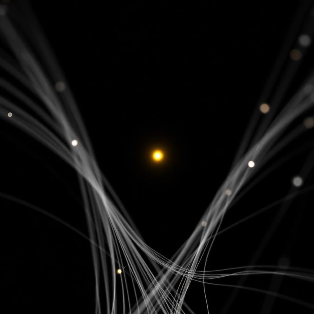 Abstract long-exposure of fiber optic cables converging into a gold light