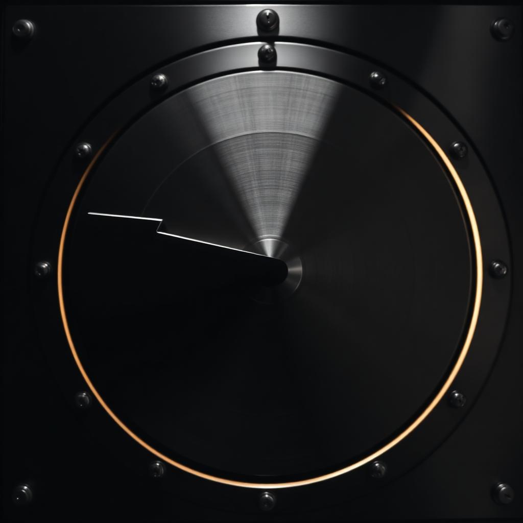 Abstract close-up of a brushed steel vault door rim-lit in gold